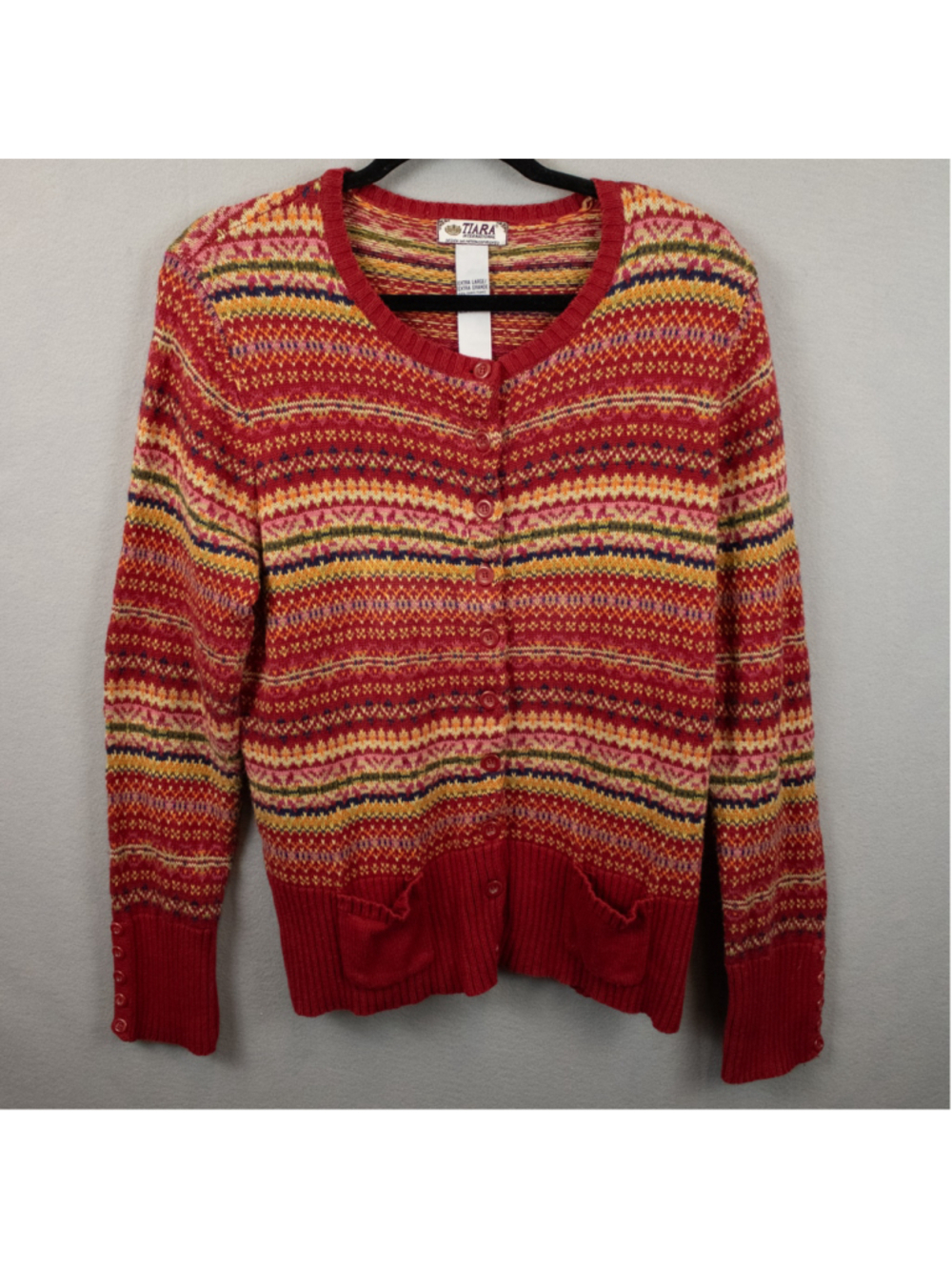 Vintage Tiara International multi-color fair isle button up cardigan-XL